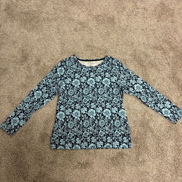 Talbots Tops - Talbots Petite MP Floral Long Sleeve Tee Navy Blue Aqua Cotton Stretch